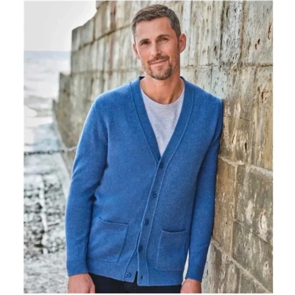 Woolovers Mens Lambswool‎ V Neck Pure Lambswool Cardigan Navy Blue Size XLarge